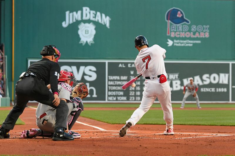 May 14, 2023; Boston, Massachusetts, USA; Boston Red Sox left fielder Masataka Yoshida (7) bats against the St. Louis Cardinals during the first inning at Fenway Park. Mandatory Credit: Eric Canha-USA TODAY Sports