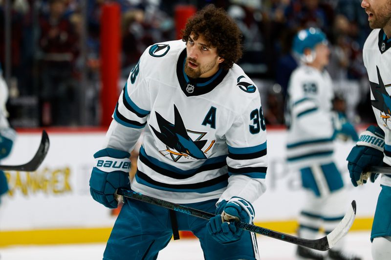 Mar 6, 2025; Denver, Colorado, USA; San Jose Sharks defenseman Mario Ferraro (38) before the game against the Colorado Avalanche at Ball Arena. Mandatory Credit: Isaiah J. Downing-Imagn Images