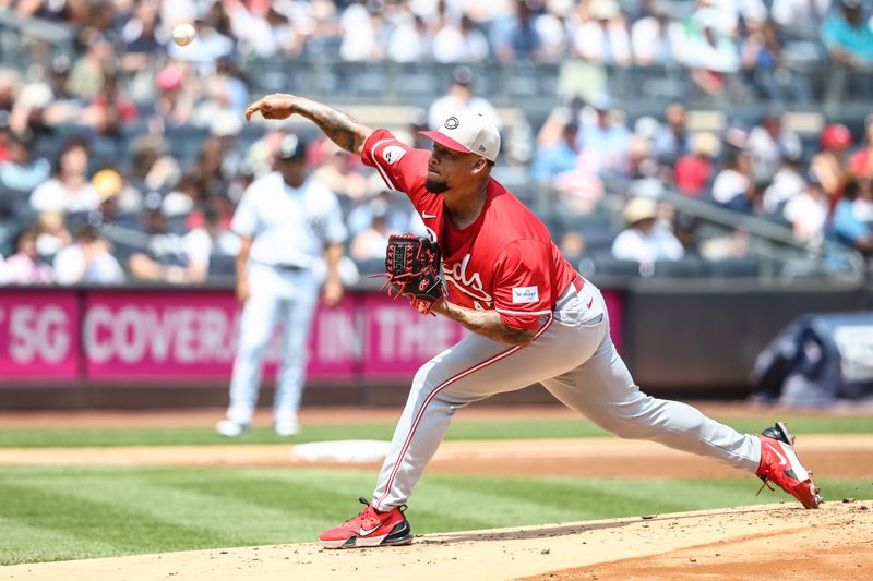 Jul 4, 2024; Bronx, New York, USA; Cincinnati Reds starting pitcher Frankie Montas (47) pitches in the first inning against the New York Yankees at Yankee Stadium. Mandatory Credit: Wendell Cruz-USA TODAY Sports