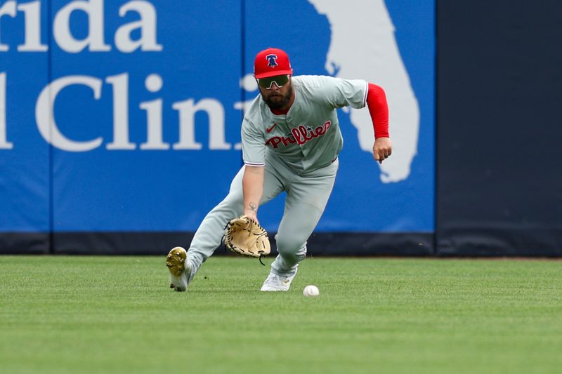 Mar 18, 2024; Tampa, Florida, USA;  Philadelphia Phillies right fielder Cal Stevenson (47) fields the ball against the New York Yankees in the fourth inning at George M. Steinbrenner Field. Mandatory Credit: Nathan Ray Seebeck-USA TODAY Sports