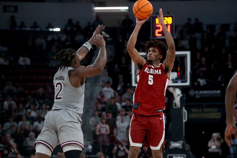 Jan 13, 2026; Starkville, Mississippi, USA; Alabama Crimson Tide forward Amari Allen (5) shoots as Mississippi State Bulldogs guard Ja’Borri McGhee (2) defends during the second half at Humphrey Coliseum. Mandatory Credit: Petre Thomas-Imagn Images