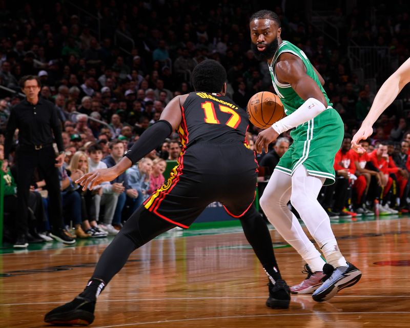 BOSTON, MA - FEBRUARY 7: Jaylen Brown #7 of the Boston Celtics dribbles the ball during the game against the Atlanta Hawks on February 7, 2024 at the TD Garden in Boston, Massachusetts. NOTE TO USER: User expressly acknowledges and agrees that, by downloading and or using this photograph, User is consenting to the terms and conditions of the Getty Images License Agreement. Mandatory Copyright Notice: Copyright 2024 NBAE  (Photo by Brian Babineau/NBAE via Getty Images)