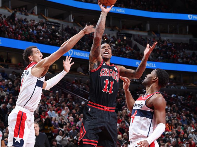 CHICAGO, IL - MARCH 25: DeMar DeRozan #11 of the Chicago Bulls shoots the ball during the game against the Washington Wizards on March 25, 2024 at United Center in Chicago, Illinois. NOTE TO USER: User expressly acknowledges and agrees that, by downloading and or using this photograph, User is consenting to the terms and conditions of the Getty Images License Agreement. Mandatory Copyright Notice: Copyright 2024 NBAE (Photo by Jeff Haynes/NBAE via Getty Images)