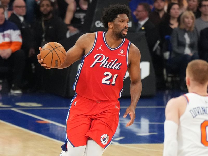 NEW YORK, NY - APRIL 20: Joel Embiid #21 of the Philadelphia 76ers dribbles the ball during the game against the New York Knicks during Round 1 Game 1 of the 2024 NBA Playoffs on April 20, 2024 at Madison Square Garden in New York City, New York.  NOTE TO USER: User expressly acknowledges and agrees that, by downloading and or using this photograph, User is consenting to the terms and conditions of the Getty Images License Agreement. Mandatory Copyright Notice: Copyright 2024 NBAE  (Photo Jesse D. Garrabrant/NBAE via Getty Images)