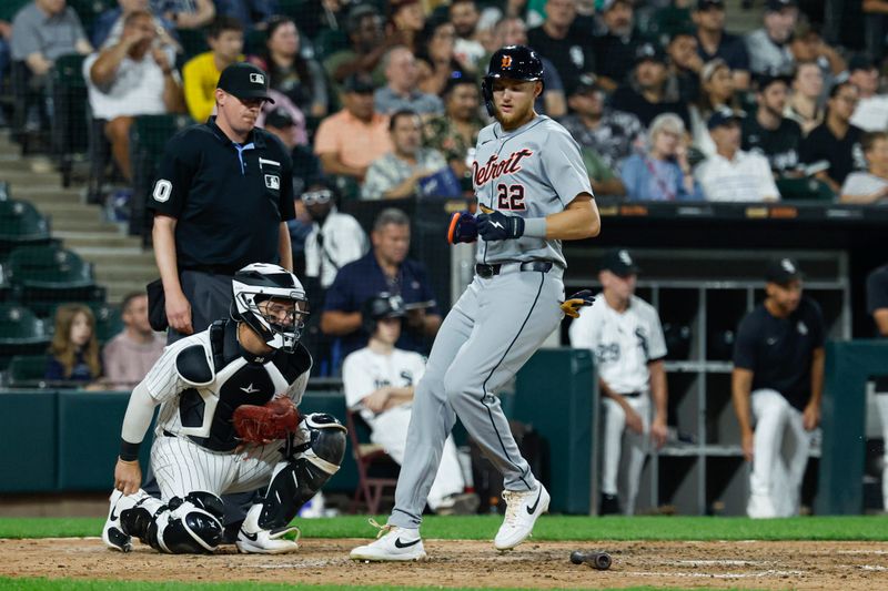 Aug 23, 2024; Chicago, Illinois, USA; Detroit Tigers outfielder Parker Meadows (22) scores against the Chicago White Sox during the seventh inning at Guaranteed Rate Field. Mandatory Credit: Kamil Krzaczynski-USA TODAY Sports