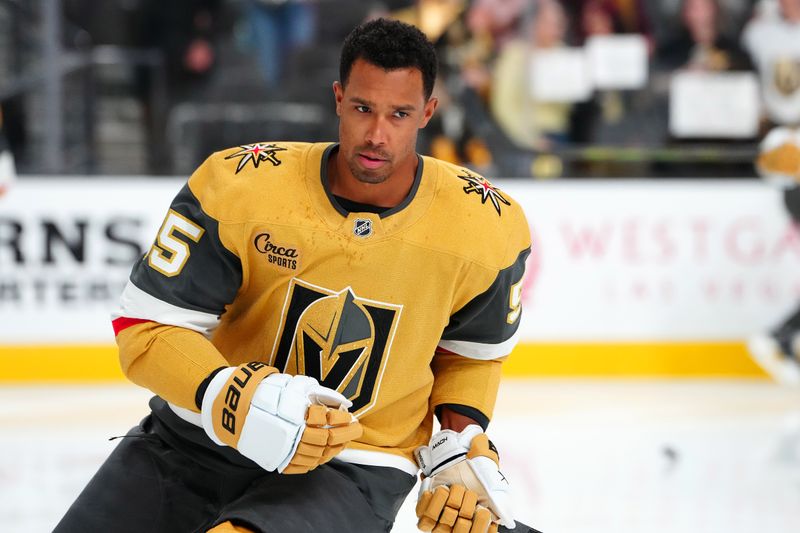 Oct 11, 2024; Las Vegas, Nevada, USA; Vegas Golden Knights right wing Keegan Kolesar (55) warms up before a game against the St. Louis Blues at T-Mobile Arena. Mandatory Credit: Stephen R. Sylvanie-Imagn Images