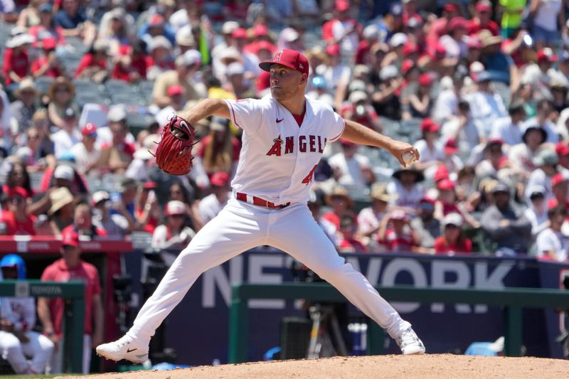 Jul 2, 2023; Anaheim, California, USA; Los Angeles Angels starting pitcher Reid Detmers (48) throws in the fourth inning against the Arizona Diamondbacks at Angel Stadium. Mandatory Credit: Kirby Lee-USA TODAY Sports