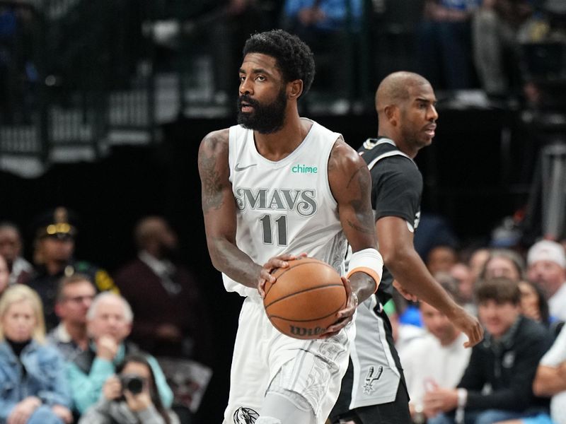 DALLAS, TX - NOVEMBER 16: Kyrie Irving #11 of the Dallas Mavericks handles the ball during the game against the San Antonio Spurs on November 16, 2024 at American Airlines Center in Dallas, Texas. NOTE TO USER: User expressly acknowledges and agrees that, by downloading and or using this photograph, User is consenting to the terms and conditions of the Getty Images License Agreement. Mandatory Copyright Notice: Copyright 2024 NBAE (Photo by Glenn James/NBAE via Getty Images)