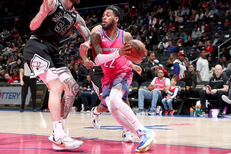 WASHINGTON, DC -? MARCH 24:  Monte Morris #22 of the Washington Wizards drives to the basket against the San Antonio Spurs on March 24, 2023 at Capital One Arena in Washington, DC. NOTE TO USER: User expressly acknowledges and agrees that, by downloading and or using this photograph, user is consenting to the terms and conditions of the Getty Images License Agreement. Mandatory Copyright Notice: Copyright 2023 NBAE (Photo by Kenny Giarla/NBAE via Getty Images)