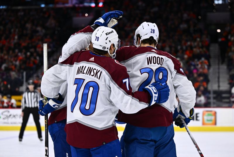 Jan 20, 2024; Philadelphia, Pennsylvania, USA; Colorado Avalanche defenseman Sam Malinski (70) and left wing Miles Wood (28) celebrate a goal against the Philadelphia Flyers in the first period at Wells Fargo Center. Mandatory Credit: Kyle Ross-USA TODAY Sports