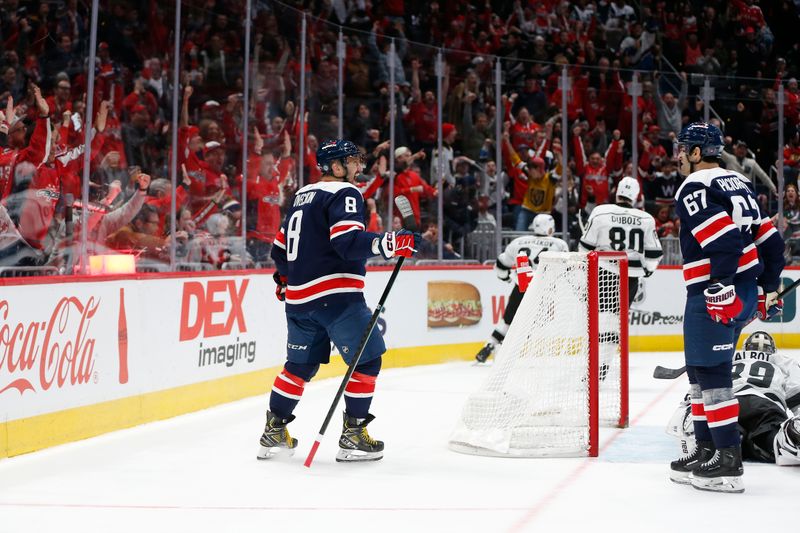 Jan 7, 2024; Washington, District of Columbia, USA; Washington Capitals left wing Alex Ovechkin (8) celebrates after an assist on goal by Capitals center Dylan Strome (not pictured) against Los Angeles Kings goaltender Cam Talbot (39) during the second period at Capital One Arena. Mandatory Credit: Amber Searls-USA TODAY Sports