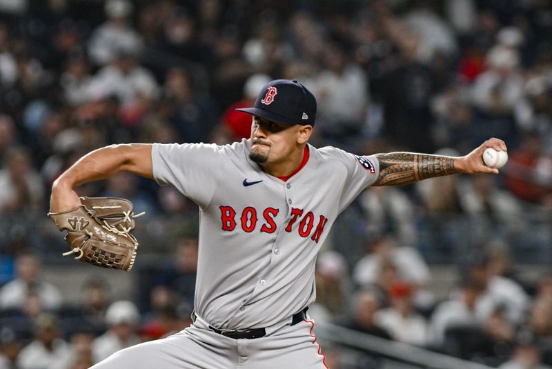 Jun 8, 2025; Bronx, New York, USA; Boston Red Sox pitcher Brennan Bernardino (83) pitches against the New York Yankees during the sixth inning at Yankee Stadium. Mandatory Credit: John Jones-Imagn Images