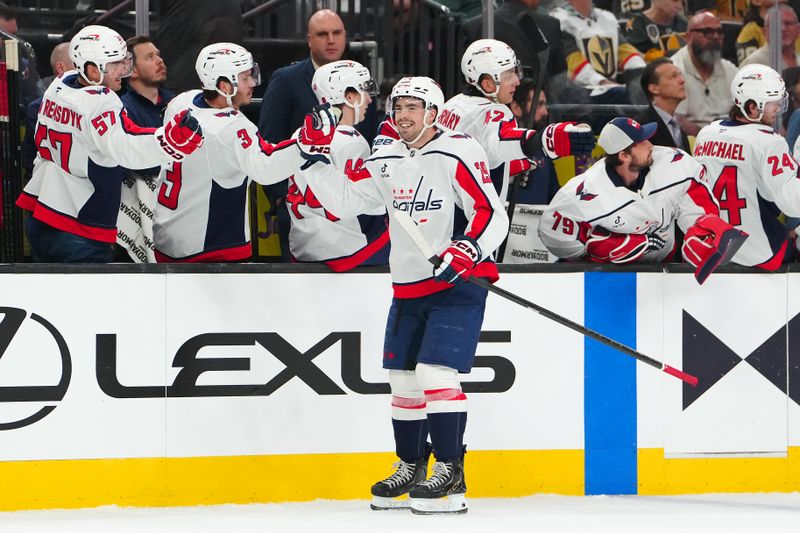 Mar 28, 2026; Las Vegas, Nevada, USA; Washington Capitals center Hendrix Lapierre (29) celebrates after scoring a goal against the Vegas Golden Knights during the first period at T-Mobile Arena. Mandatory Credit: Stephen R. Sylvanie-Imagn Images