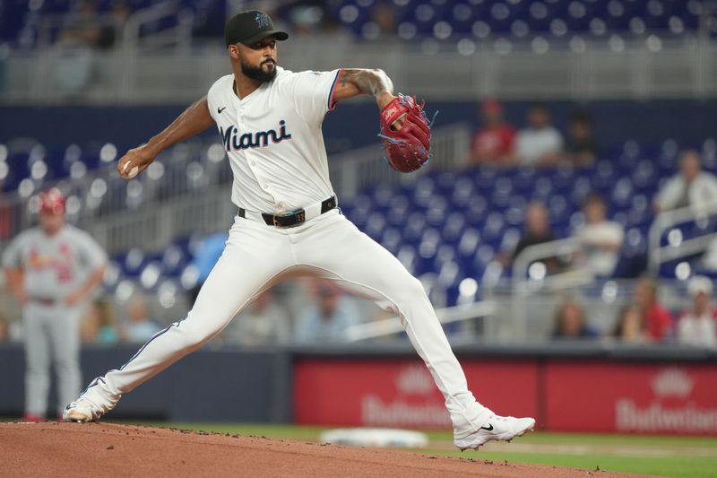 Aug 20, 2025; Miami, Florida, USA;  Miami Marlins pitcher Sandy Alcantara (22) pitches against the St. Louis Cardinals in the first inning at loanDepot Park. Mandatory Credit: Jim Rassol-Imagn Images