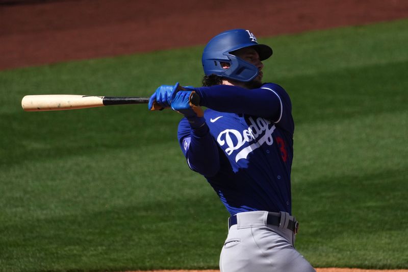 Feb 28, 2024; Surprise, Arizona, USA; Los Angeles Dodgers center fielder James Outman (33) bats against the Texas Rangers during the fourth inning at Surprise Stadium. Mandatory Credit: Joe Camporeale-USA TODAY Sports