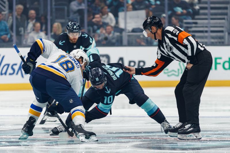 Oct 8, 2024; Seattle, Washington, USA; Seattle Kraken center Matty Beniers (10) and St. Louis Blues center Robert Thomas (18) face off during the first period at Climate Pledge Arena. Mandatory Credit: Caean Couto-Imagn Images