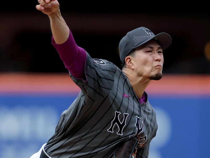 May 31, 2025; New York City, New York, USA; New York Mets starting pitcher Kodai Senga (34) pitches against the Colorado Rockies during the third inning at Citi Field. Mandatory Credit: Brad Penner-Imagn Images