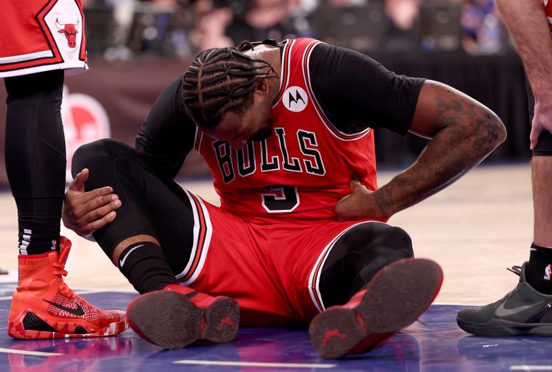 NEW YORK, NEW YORK - JANUARY 03: Andre Drummond #3 of the Chicago Bulls reacts after he is fouled during the second half against the New York Knicks at Madison Square Garden on January 03, 2024 in New York City. The New York Knicks defeated the Chicago Bulls 116-100. NOTE TO USER: User expressly acknowledges and agrees that, by downloading and or using this photograph, User is consenting to the terms and conditions of the Getty Images License Agreement. (Photo by Elsa/Getty Images)