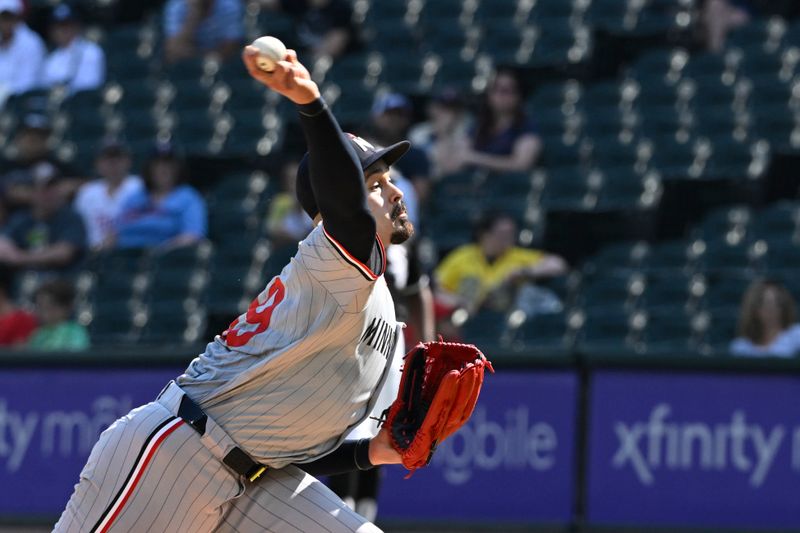 Jul 10, 2024; Chicago, Illinois, USA;  Minnesota Twins pitcher Pablo Lopez (49) delivers against the Chicago White Sox during the first inning at Guaranteed Rate Field. Mandatory Credit: Matt Marton-USA TODAY Sports