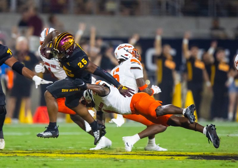 Sep 9, 2023; Tempe, Arizona, USA; Arizona State Sun Devils running back DeCarlos Brooks (25) against the Oklahoma State Cowboys in the first half at Mountain America Stadium. Mandatory Credit: Mark J. Rebilas-USA TODAY Sports