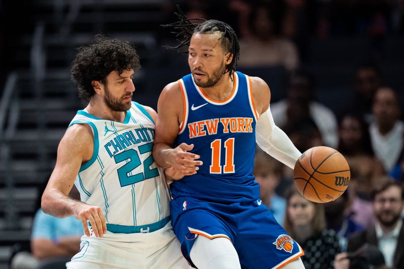 CHARLOTTE, NORTH CAROLINA - OCTOBER 06: Vasilije Micic #22 of the Charlotte Hornets guards Jalen Brunson #11 of the New York Knicks in the second quarter during a preseason game at Spectrum Center on October 06, 2024 in Charlotte, North Carolina. NOTE TO USER: User expressly acknowledges and agrees that, by downloading and or using this photograph, User is consenting to the terms and conditions of the Getty Images License Agreement. (Photo by Jacob Kupferman/Getty Images)