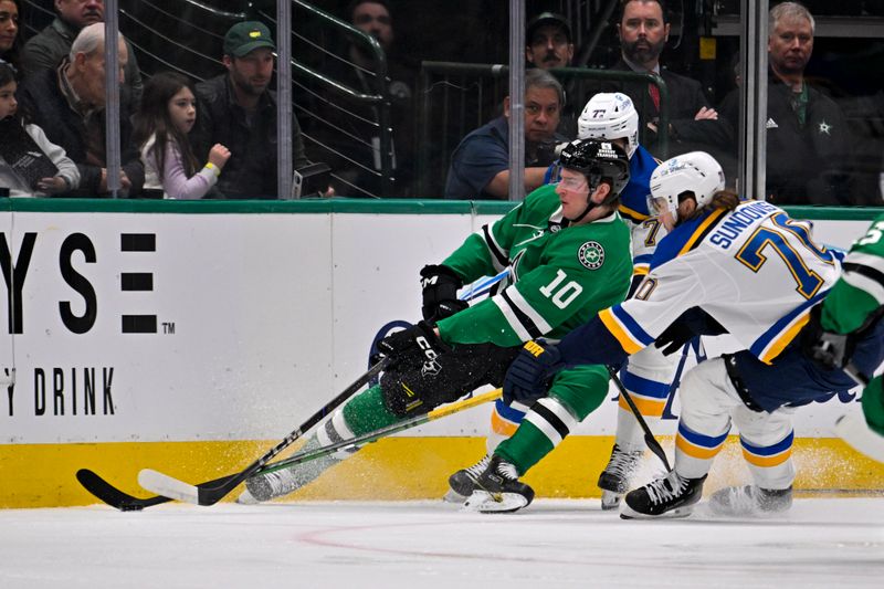 Dec 14, 2024; Dallas, Texas, USA; Dallas Stars center Oskar Back (10) and St. Louis Blues center Oskar Sundqvist (70) battle for control of the puck during the first period at American Airlines Center. Mandatory Credit: Jerome Miron-Imagn Images