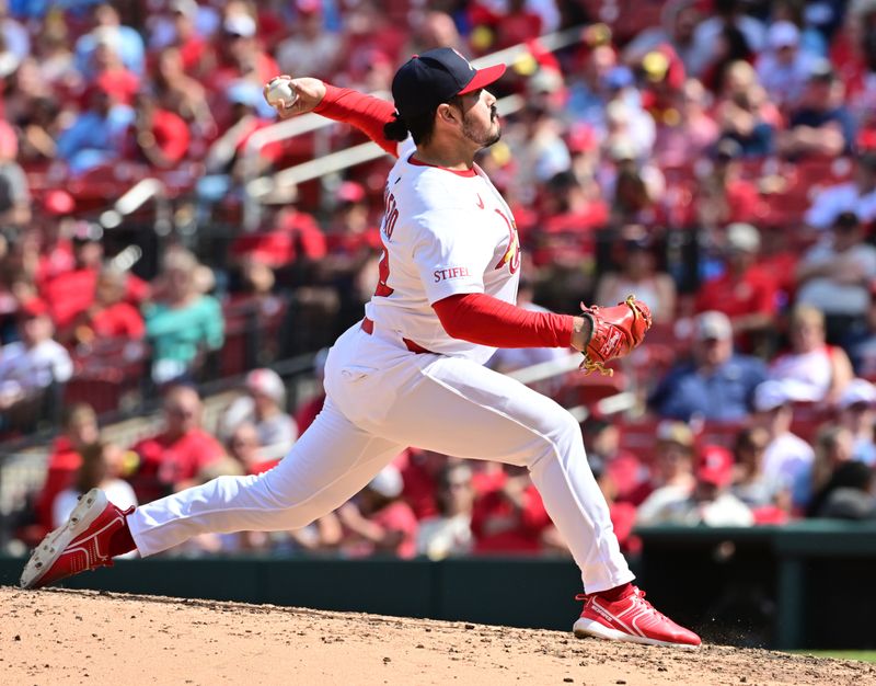Apr 13, 2025; St. Louis, Missouri, USA; St. Louis Cardinals pitcher JoJo Romero (59) pitches in relief against the Philadelphia Phillies in the eighth inning at Busch Stadium. Mandatory Credit: Tim Vizer-Imagn Images