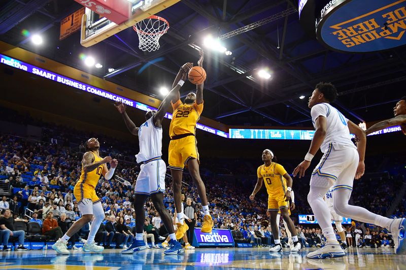 Mar 2, 2023; Los Angeles, California, USA; Arizona State Sun Devils forward Warren Washington (22) plays for the rebound against UCLA Bruins forward Adem Bona (3) during the second half at Pauley Pavilion. Mandatory Credit: Gary A. Vasquez-USA TODAY Sports