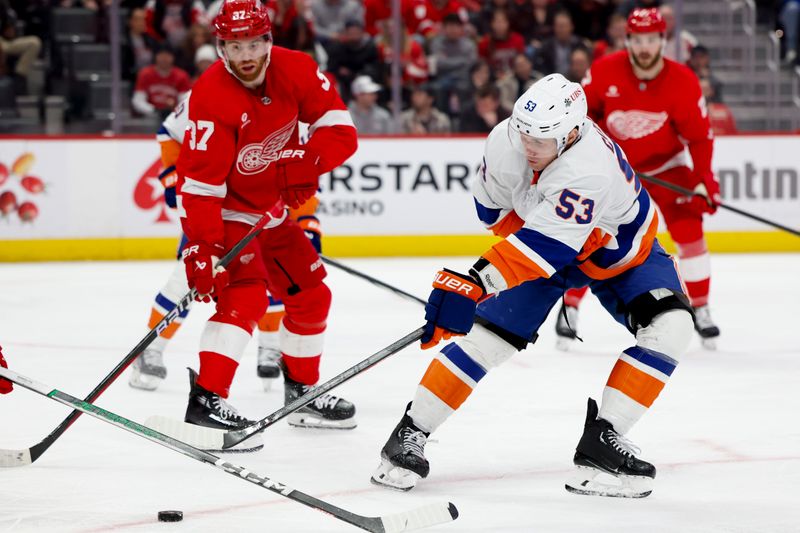 Feb 29, 2024; Detroit, Michigan, USA;  New York Islanders center Casey Cizikas (53)ref10 skates with the puck in the third period against the Detroit Red Wings at Little Caesars Arena. Mandatory Credit: Rick Osentoski-USA TODAY Sports