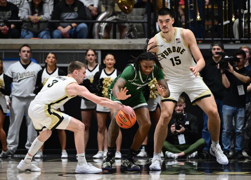 Dec 21, 2023; West Lafayette, Indiana, USA; Purdue Boilermakers guard Braden Smith (3) steals the ball from Jacksonville Dolphins forward DeeJuan Pruitt (1) during the second half at Mackey Arena. Mandatory Credit: Marc Lebryk-USA TODAY Sports