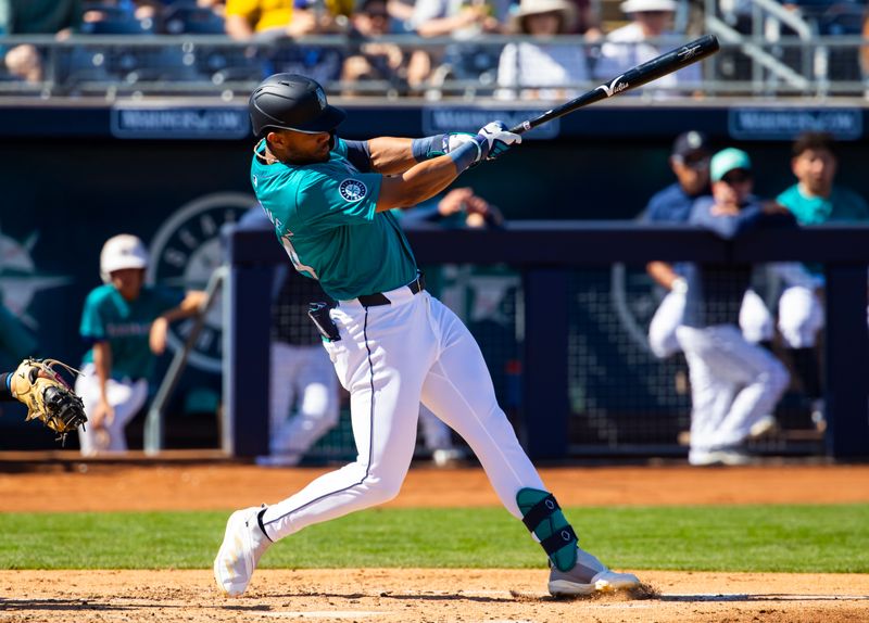 Mar 5, 2024; Peoria, Arizona, USA; Seattle Mariners outfielder Julio Rodriguez against the Texas Rangers during a spring training baseball game at Peoria Sports Complex. Mandatory Credit: Mark J. Rebilas-USA TODAY Sports