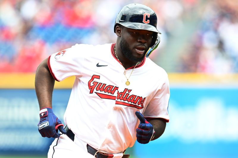 May 1, 2025; Cleveland, Ohio, USA; Cleveland Guardians right fielder Jhonkensy Noel (43) rounds the bases after hitting a home run during the fourth inning against the Minnesota Twins at Progressive Field. Mandatory Credit: Ken Blaze-Imagn Images

