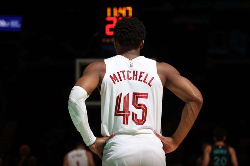 WASHINGTON, DC -? FEBRUARY 25: Donovan Mitchell #45 of the Cleveland Cavaliers looks on during the game against the Washington Wizards on February 25, 2024 at Capital One Arena in Washington, DC. NOTE TO USER: User expressly acknowledges and agrees that, by downloading and or using this Photograph, user is consenting to the terms and conditions of the Getty Images License Agreement. Mandatory Copyright Notice: Copyright 2024 NBAE (Photo by Stephen Gosling/NBAE via Getty Images)