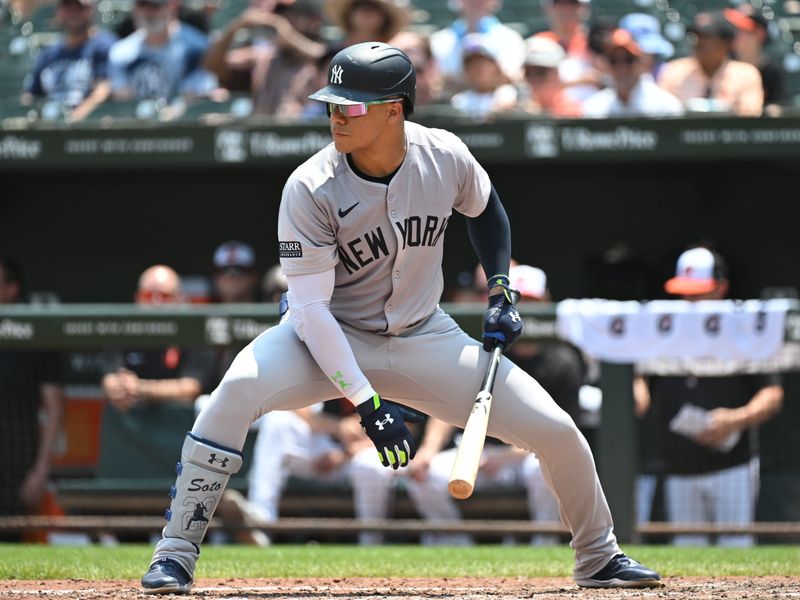 Jul 14, 2024; Baltimore, Maryland, USA;  New York Yankees outfielder Juan Soto (22) stands at bat during the fifth inning against the Baltimore Orioles at Oriole Park at Camden Yards. Mandatory Credit: James A. Pittman-USA TODAY Sports