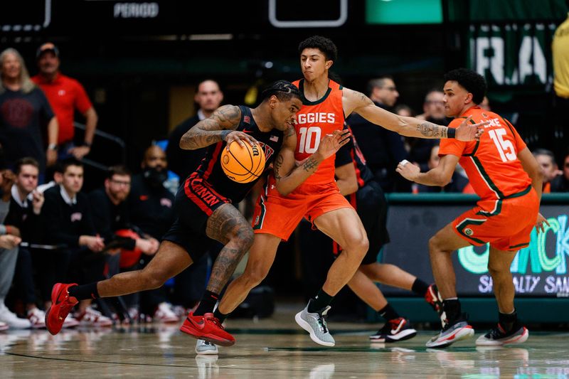 Jan 19, 2024; Fort Collins, Colorado, USA; UNLV Rebels guard Luis Rodriguez (15) controls the ball against Colorado State Rams guard Nique Clifford (10) in the second half at Moby Arena. Mandatory Credit: Isaiah J. Downing-USA TODAY Sports