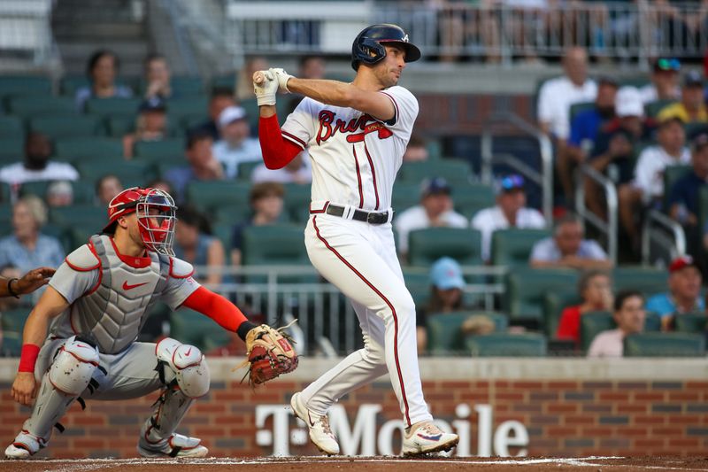 Sep 7, 2023; Atlanta, Georgia, USA; Atlanta Braves first baseman Matt Olson (28) hits a double against the St. Louis Cardinals in the first inning at Truist Park. Mandatory Credit: Brett Davis-USA TODAY Sports
