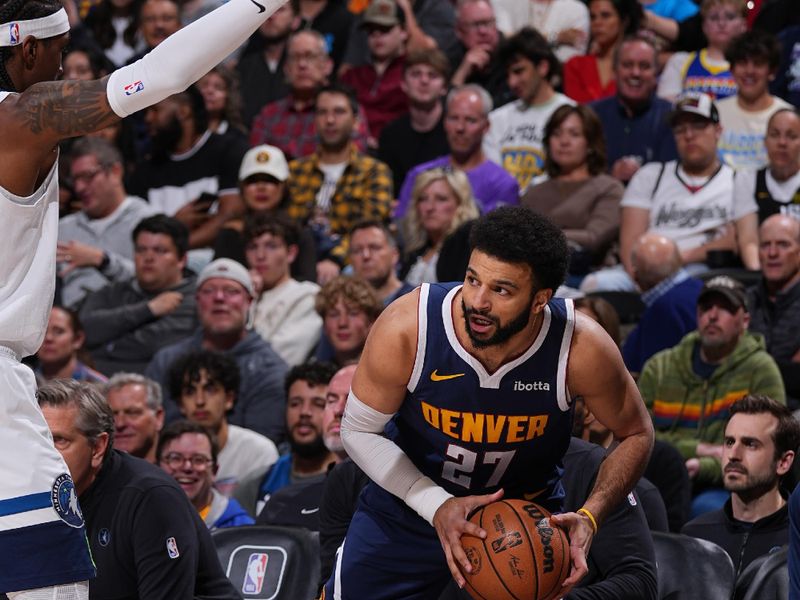 DENVER, CO - APRIL 10: Jamal Murray #27 of the Denver Nuggets handles the ball during the game against the Minnesota Timberwolves on April 10, 2024 at the Ball Arena in Denver, Colorado. NOTE TO USER: User expressly acknowledges and agrees that, by downloading and/or using this Photograph, user is consenting to the terms and conditions of the Getty Images License Agreement. Mandatory Copyright Notice: Copyright 2024 NBAE (Photo by Bart Young/NBAE via Getty Images)