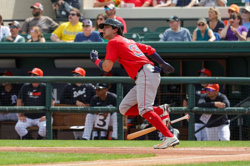 Feb 27, 2025; Lakeland, Florida, USA; Boston Red Sox third baseman Marcelo Mayer (39) watches his fly ball during the first inning against the Detroit Tigers at Publix Field at Joker Marchant Stadium. Mandatory Credit: Mike Watters-Imagn Images