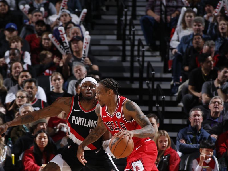 PORTLAND, OR - JANUARY 28: DeMar DeRozan #11 of the Chicago Bulls handles the ball during the game against the Portland Trail Blazers on January 28, 2024 at the Moda Center Arena in Portland, Oregon. NOTE TO USER: User expressly acknowledges and agrees that, by downloading and or using this photograph, user is consenting to the terms and conditions of the Getty Images License Agreement. Mandatory Copyright Notice: Copyright 2024 NBAE (Photo by Cameron Browne/NBAE via Getty Images)