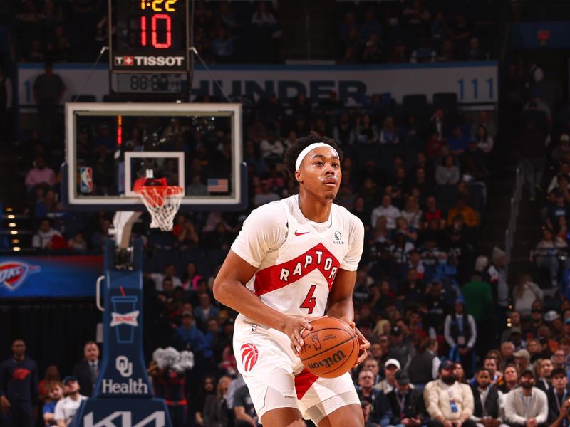 OKLAHOMA CITY, OK - FEBRUARY 4:  Scottie Barnes #4 of the Toronto Raptors handles the ball during the game  on February 4, 2024 at Paycom Arena in Oklahoma City, Oklahoma. NOTE TO USER: User expressly acknowledges and agrees that, by downloading and or using this photograph, User is consenting to the terms and conditions of the Getty Images License Agreement. Mandatory Copyright Notice: Copyright 2024 NBAE (Photo by Zach Beeker/NBAE via Getty Images)