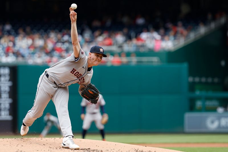 Apr 21, 2024; Washington, District of Columbia, USA; Houston Astros starting pitcher Hunter Brown (58) pitches against the Washington Nationals during the first inning at Nationals Park. Mandatory Credit: Geoff Burke-USA TODAY Sports