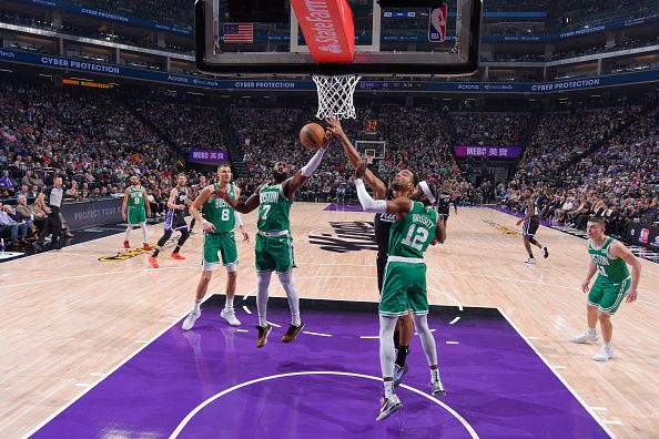 SACRAMENTO, CA - DECEMBER 20: Jaylen Brown #7 of the Boston Celtics grabs the rebound during the game   on December 20, 2023 at Golden 1 Center in Sacramento, California. NOTE TO USER: User expressly acknowledges and agrees that, by downloading and or using this Photograph, user is consenting to the terms and conditions of the Getty Images License Agreement. Mandatory Copyright Notice: Copyright 2023 NBAE (Photo by Rocky Widner/NBAE via Getty Images)