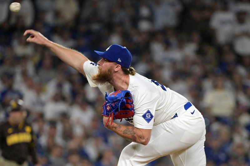 Oct 11, 2024; Los Angeles, California, USA; Los Angeles Dodgers pitcher Michael Kopech (45) pitches against the San Diego Padres in the eighth inning during game five of the NLDS for the 2024 MLB Playoffs at Dodger Stadium. Mandatory Credit: Jayne Kamin-Oncea-Imagn Images