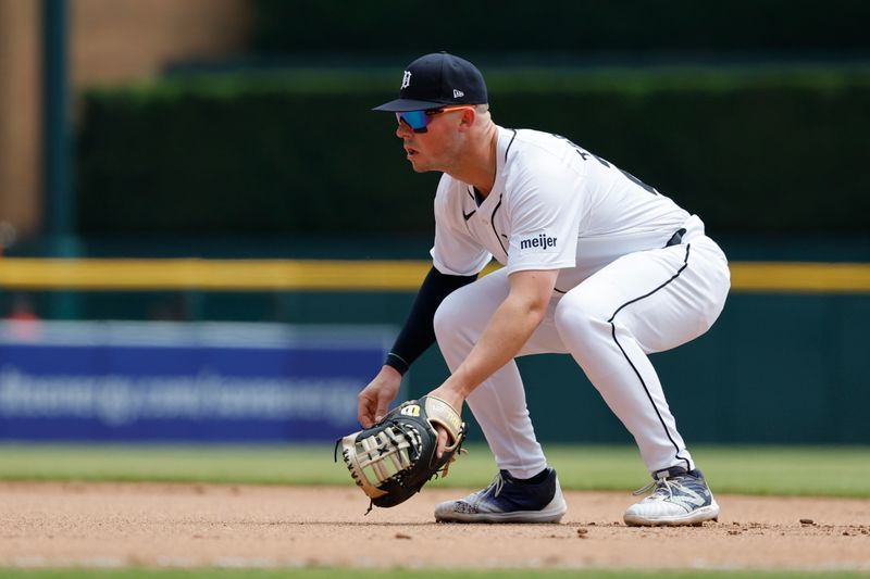 May 15, 2024; Detroit, Michigan, USA;  Detroit Tigers first base Spencer Torkelson (20) in the field in the sixth inning against the Miami Marlins at Comerica Park. Mandatory Credit: Rick Osentoski-USA TODAY Sports