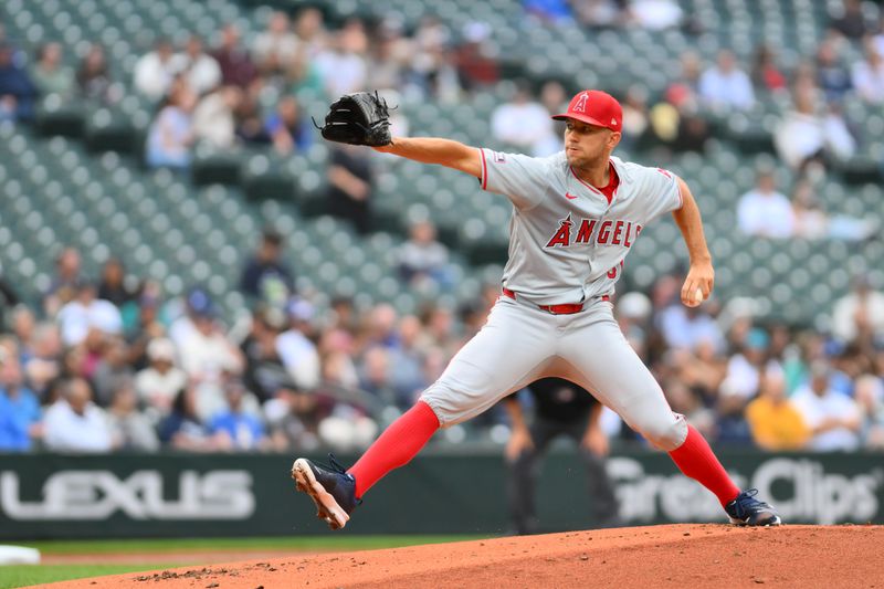 Jul 22, 2024; Seattle, Washington, USA; Los Angeles Angels starting pitcher Tyler Anderson (31) pitches to the Seattle Mariners during the first inning at T-Mobile Park. Mandatory Credit: Steven Bisig-USA TODAY Sports