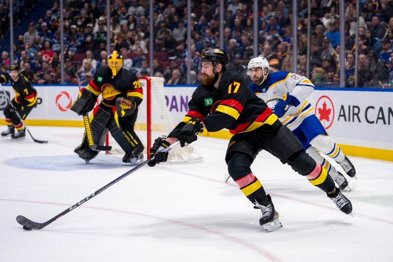 Mar 19, 2024; Vancouver, British Columbia, CAN; Vancouver Canucks defenseman Filip Hronek (17) handles the puck against the Buffalo Sabres in the second period at Rogers Arena. Mandatory Credit: Bob Frid-USA TODAY Sports