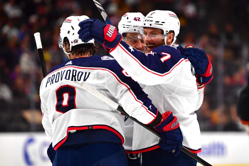 Feb 21, 2024; Anaheim, California, USA;  Columbus Blue Jackets center Sean Kuraly (7) celebrates his goal scored against the against the Anaheim Ducks during the second period at Honda Center. Mandatory Credit: Gary A. Vasquez-USA TODAY Sports