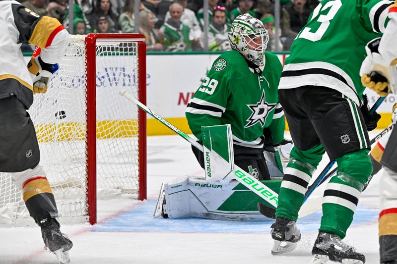 Dec 9, 2023; Dallas, Texas, USA; Dallas Stars goaltender Jake Oettinger (29) reacts to allowing a goal to Vegas Golden Knights defenseman Zach Whitecloud (not pictured) during the first period at the American Airlines Center. Mandatory Credit: Jerome Miron-USA TODAY Sports