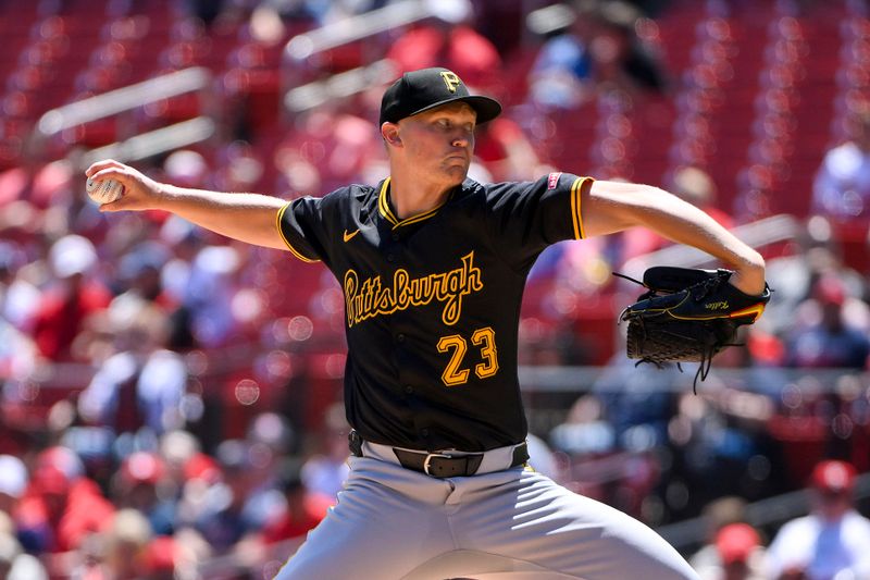 May 7, 2025; St. Louis, Missouri, USA;  Pittsburgh Pirates starting pitcher Mitch Keller (23) pitches against the St. Louis Cardinals during the first inning at Busch Stadium. Mandatory Credit: Jeff Curry-Imagn Images