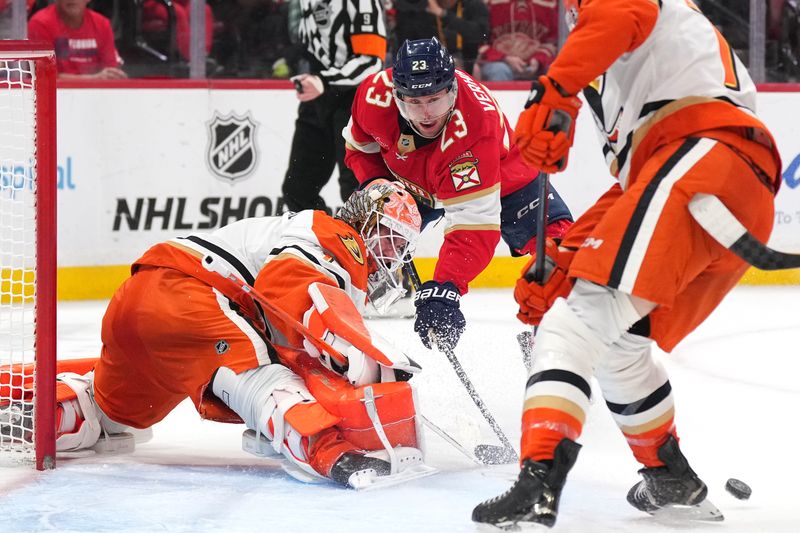 Oct 28, 2025; Sunrise, Florida, USA; Anaheim Ducks goaltender Lukas Dostal (1) makes a save as Florida Panthers center Carter Verhaeghe (23) closes in during the second period at Amerant Bank Arena. Mandatory Credit: Jim Rassol-Imagn Images